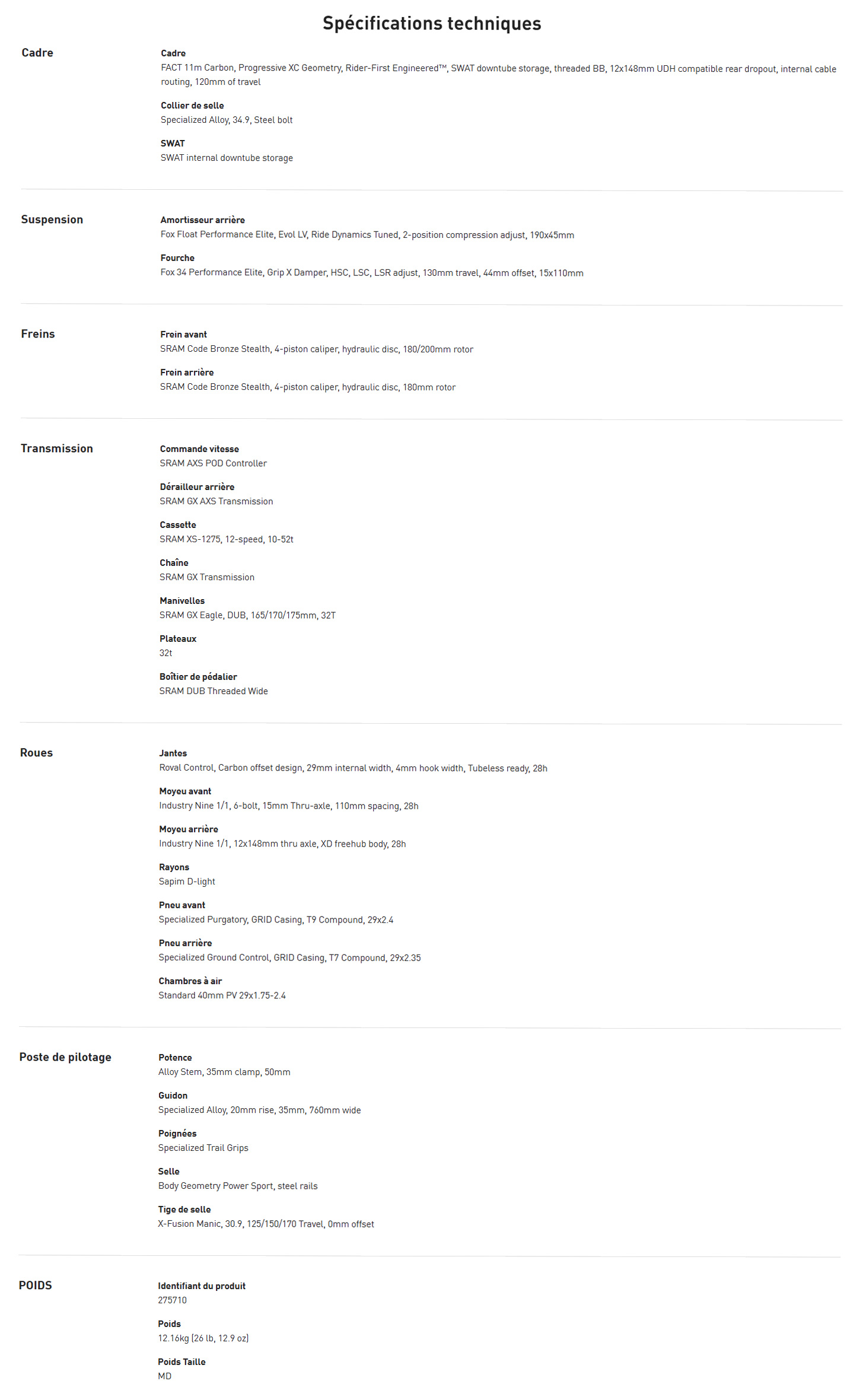 Caracteristique Technique du vélo Epic 8 EVO Expert Année 2026